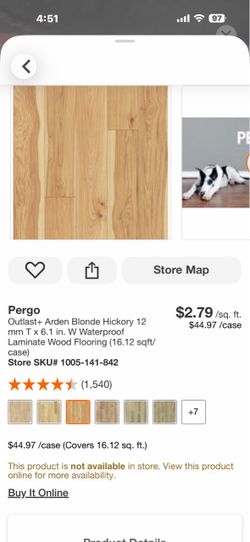 Pergo Outlast+ Arden Blonde Hickory 12 mm T x 6.1 in. W Waterproof Laminate Wood Flooring (16.12 sqft/case)