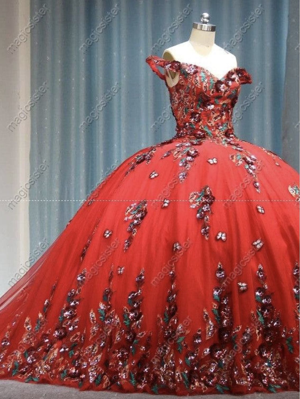 Red Floral Quince Dress