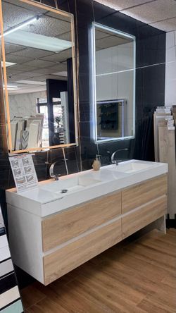 72" Double Sink Floating Natural Wood Color Bathroom Vanity