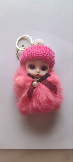 Fluffy pink doll keychain New