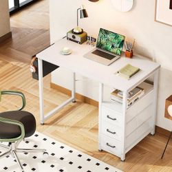 40-Inch Small Computer Desk with Fabric Drawers, Kids Girls Teen Study Writing Desk for Bedroom, Home Office Desk with Storage Shelf & Bag f