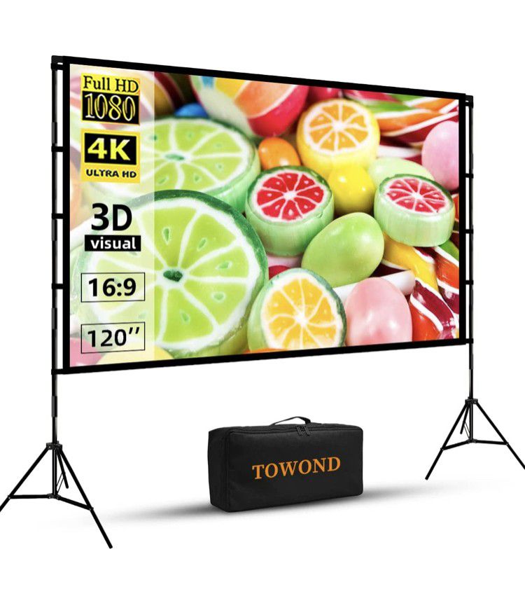 Projector Screen and Stand,Towond 120 inch Portable Projector Screen Indoor Outdoor Projector Screen 16:9 4K HD Wrinkle-Free Lightweight Movie Screen 