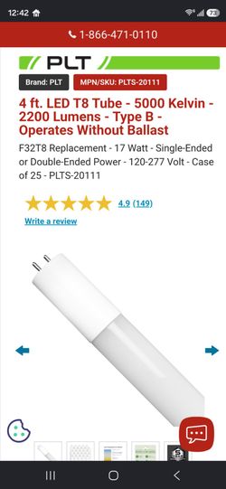 4 ft. LED T8 Tube - 5000 Kelvin - 2200 Lumens - Type B - Operates Without Ballast