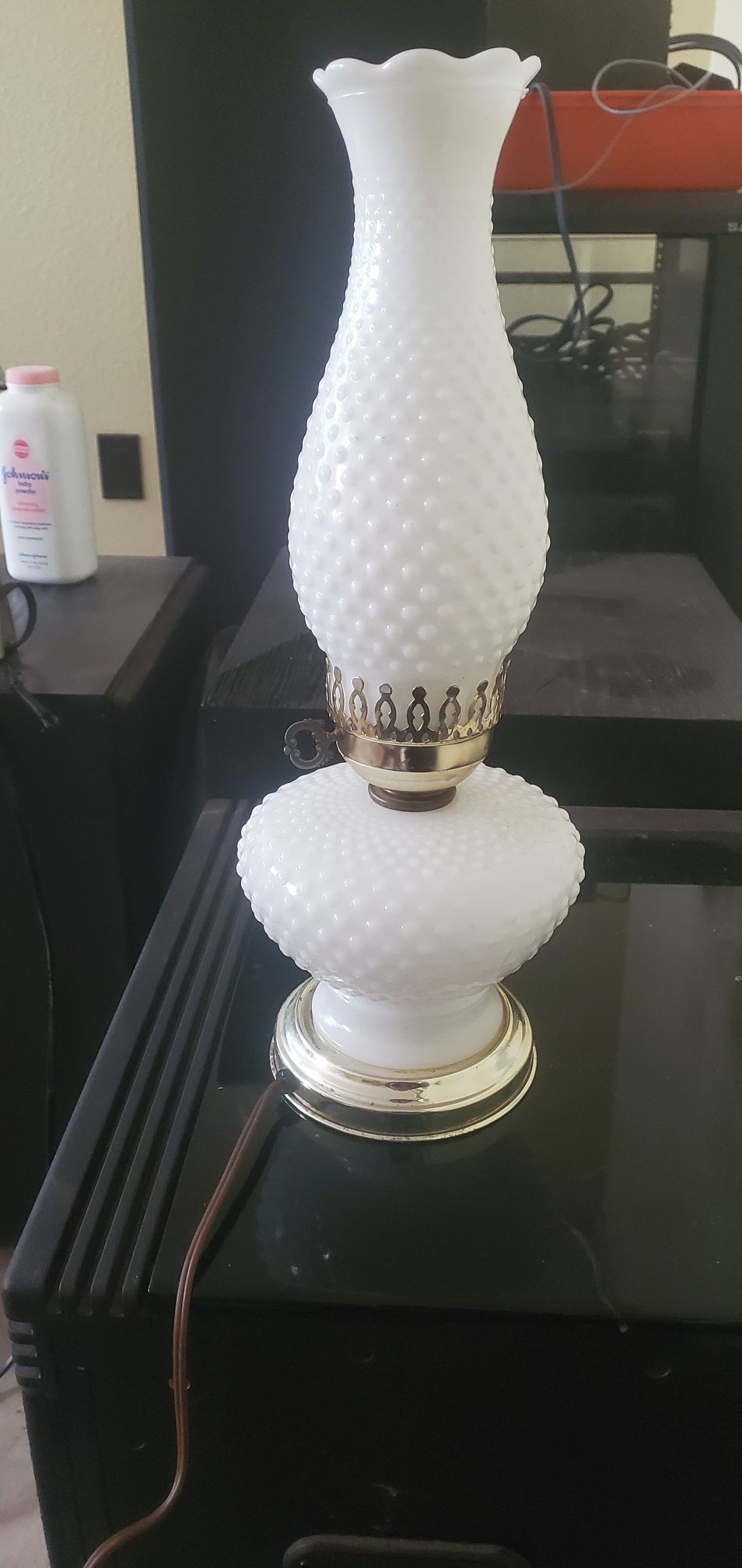 Vintage white hobnail hurricane style lamp