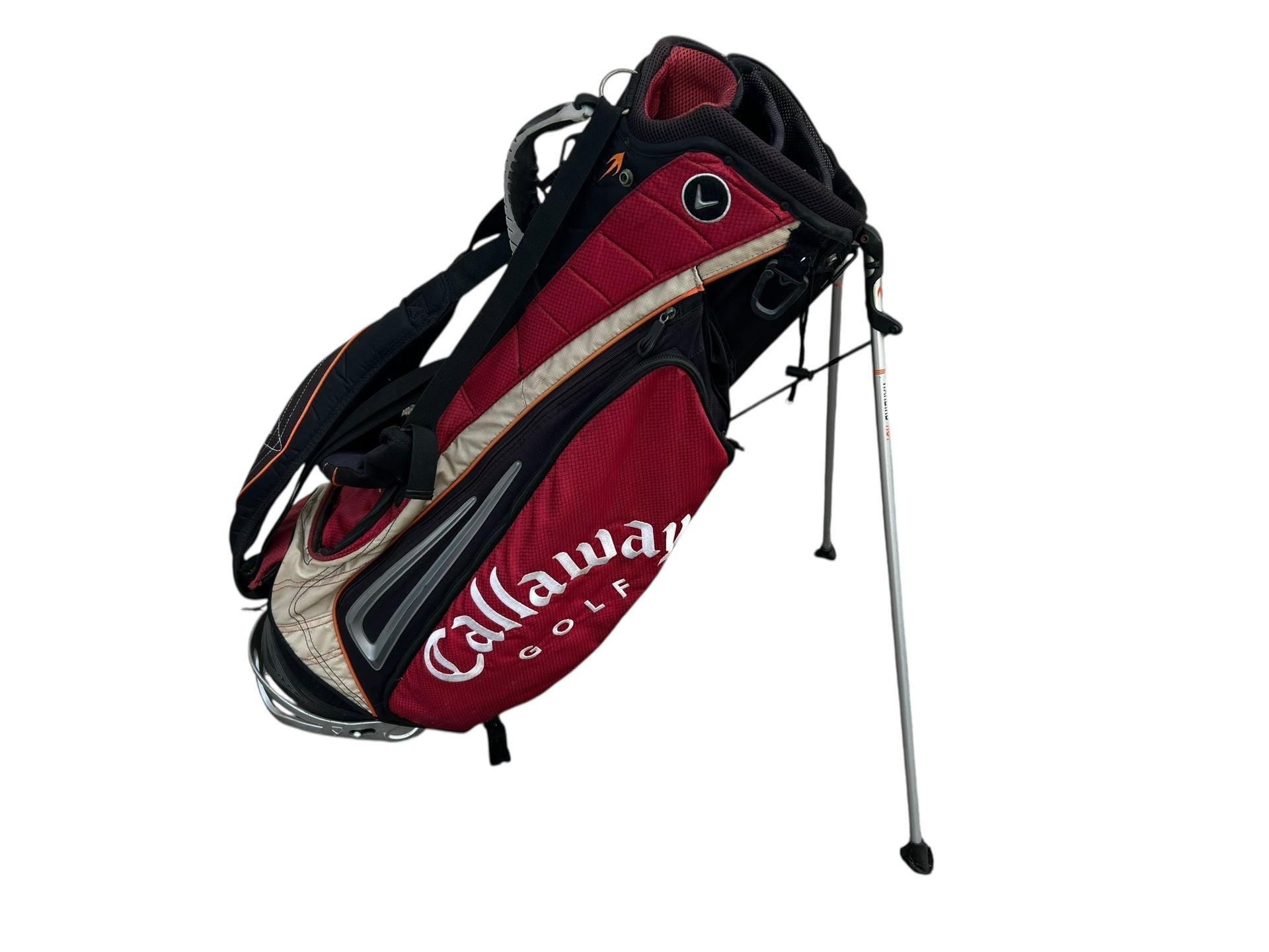 Callaway Red White Black 8-Way Divide Golf Stand Bag. Read. Some cosmetic wear and fading. Stand works great as do zippers