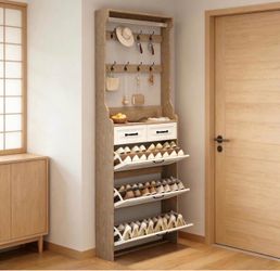 Hall Tree with Shoe Storage Cabinet and Coat Rack Slim Entryway Hall Tree with 3 Flip Drawers and 2 Storage Drawers for Narrow Halls and Mudroom White