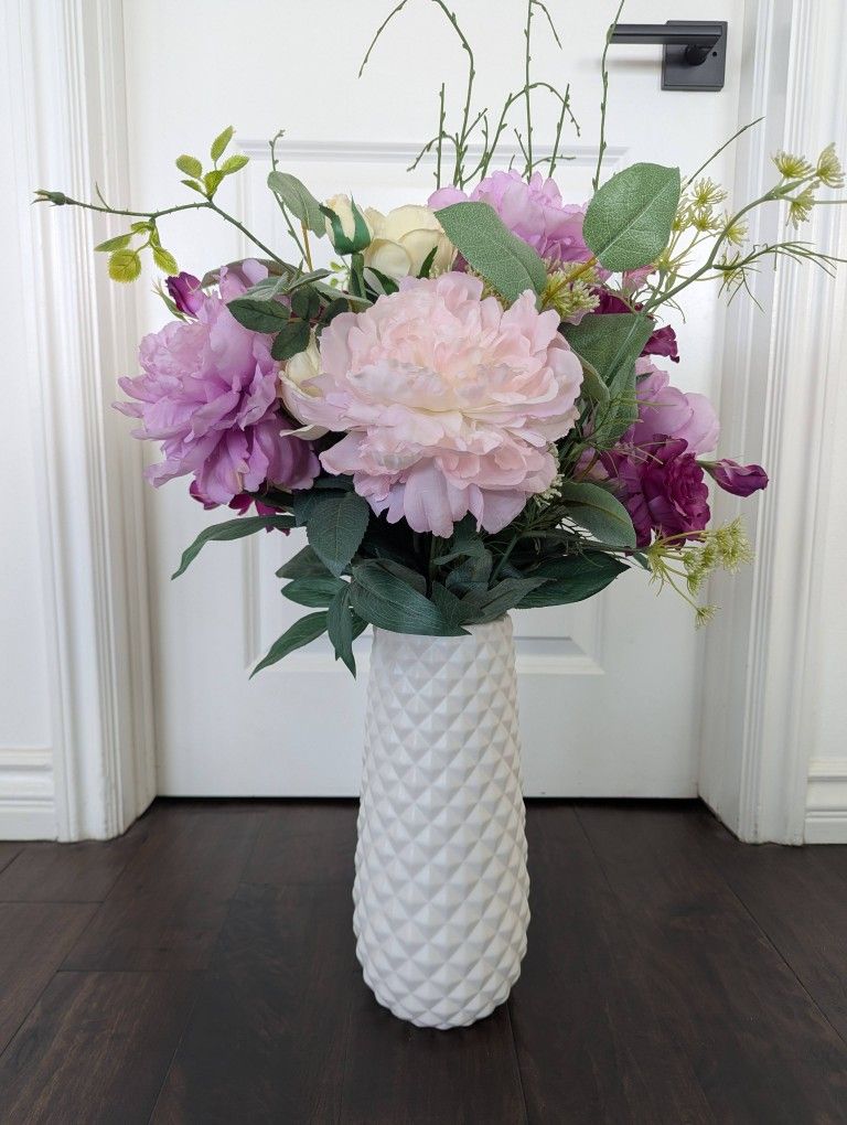 Elegant Faux Flower Arrangement – Roses & Carnations in White Ceramic Vase