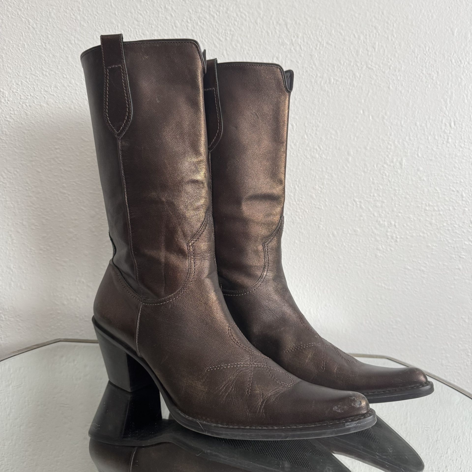 FRANCO SARTO Metallic Brown Leather Western Mid Calf Pointed Toe Cowboy Boots