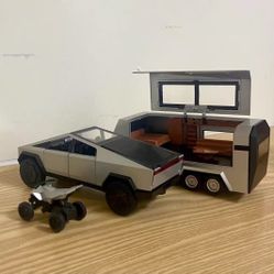 1:32 Tesla Pickup Truck Model Three Sets Electric Pickup Truck + Trailer Caravan + Motorcycle Three Colors To Shoose From
