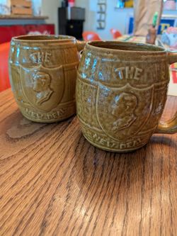 Antique vintage FDR beer mugs, steins, cups featuring Roosevelt's profile "the new deal" beer barrels