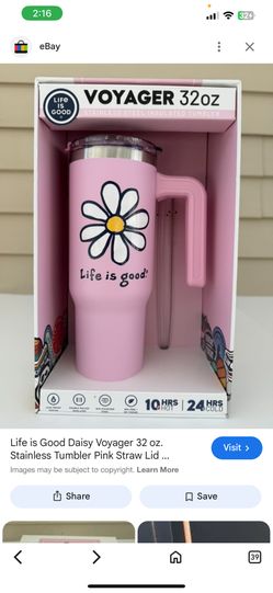 Life is Good Daisy Voyager 32 oz. Stainless Tumbler Pink Straw Lid Brush - NEW