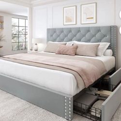 Platform Bed with 4 Storage Drawers, Queen Size Tufted Bed with Upholstered Headboard,（Q-110）