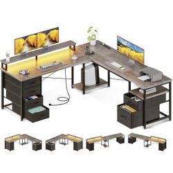  66" L Shaped Desk, 113" Computer Desk with File Cabinet & 4 Fabric Drawers, Home Office Desk 