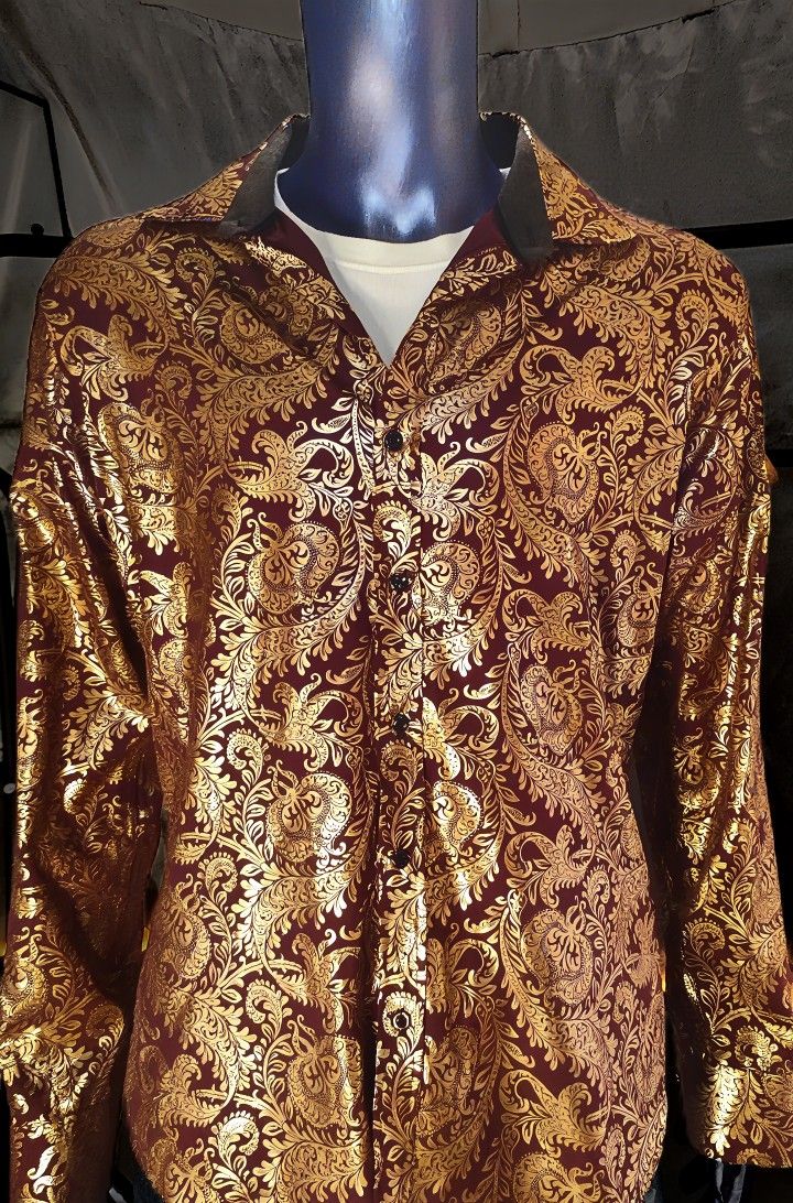 Consequence Men's Large Gold Foil Burgundy Dress Shirt Long Sleeve