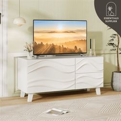 New MCM 38" White TV Stand Dresser Cabinet with Drawers in 3D Wave Design - for TV up to 44”