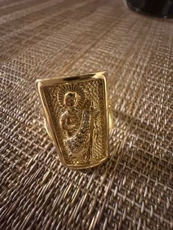 GOLD PLATED YELLOW & GREEN SAN JUDAS TADEO SAINT JUDE CZ SQUARE RING ANILLO