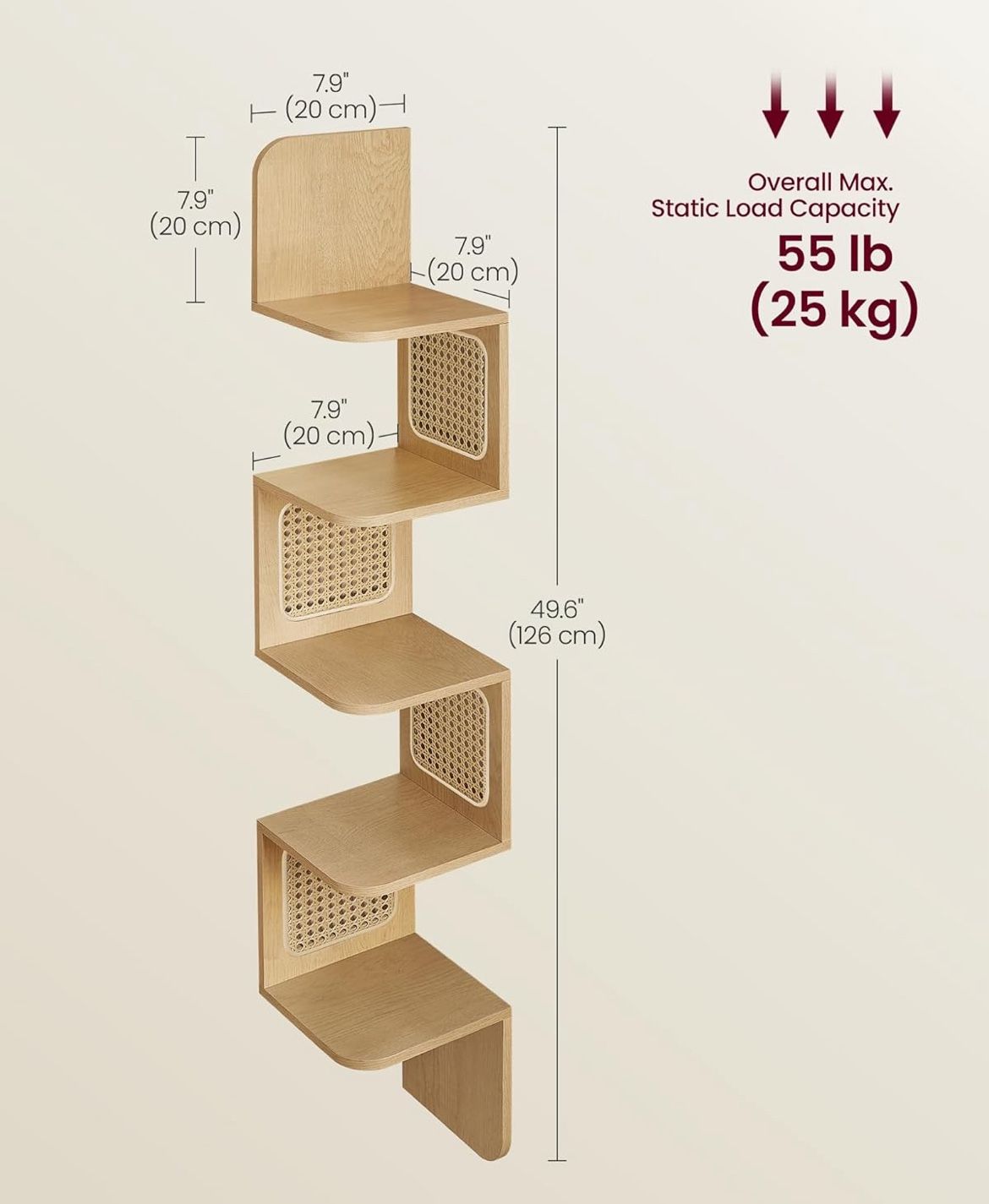 VASAGLE 5-Tier Corner Shelf Wall Mounted PVC Rattan Boho Style - Oak Beige