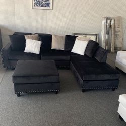 Cindy Black Velvet Reversible Sectional /couch 