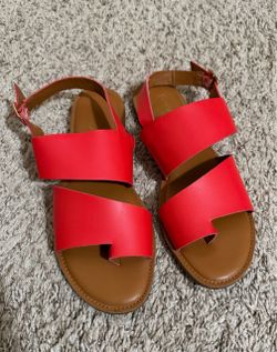 Franco Sarto Red Strappy Flat Sandals with Ankle Buckle
