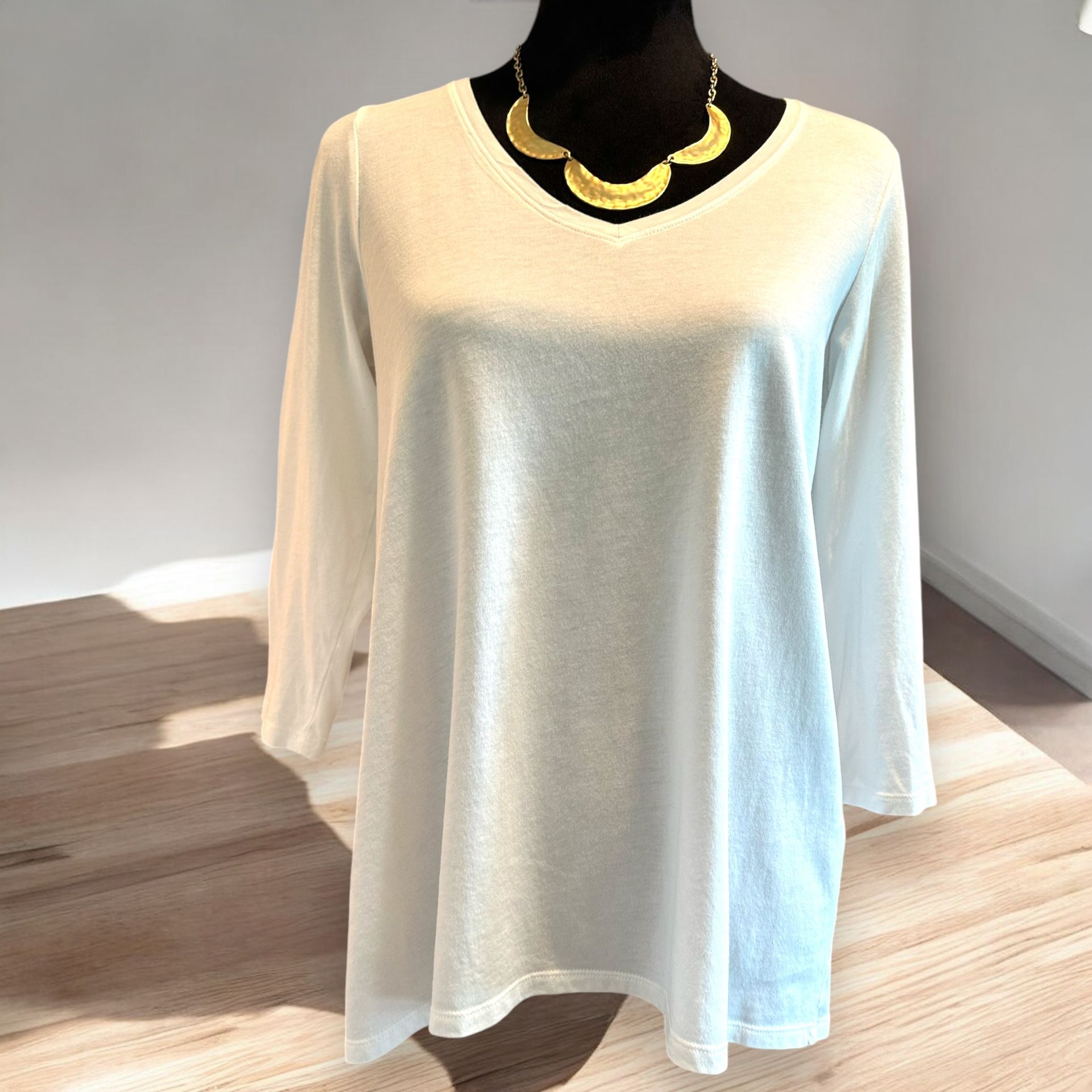 J. Jill Small White Tunic High Low 3/4 Sleeve Eyelet Pleated Accent Boho Casual