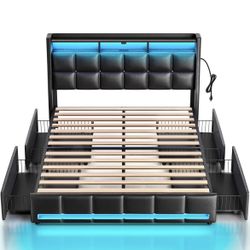 Y24-Full Size Bed Frame with LED Lights and Charging Station, PU Leather Bed Storage Headboard & Drawers, Heavy Duty Wood Slats, Easy Assembly, Black