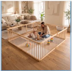 Baby Playpen, Wooden Playpen for Babies and Toddlers, Foldable Fence with Montessori Activity Panel