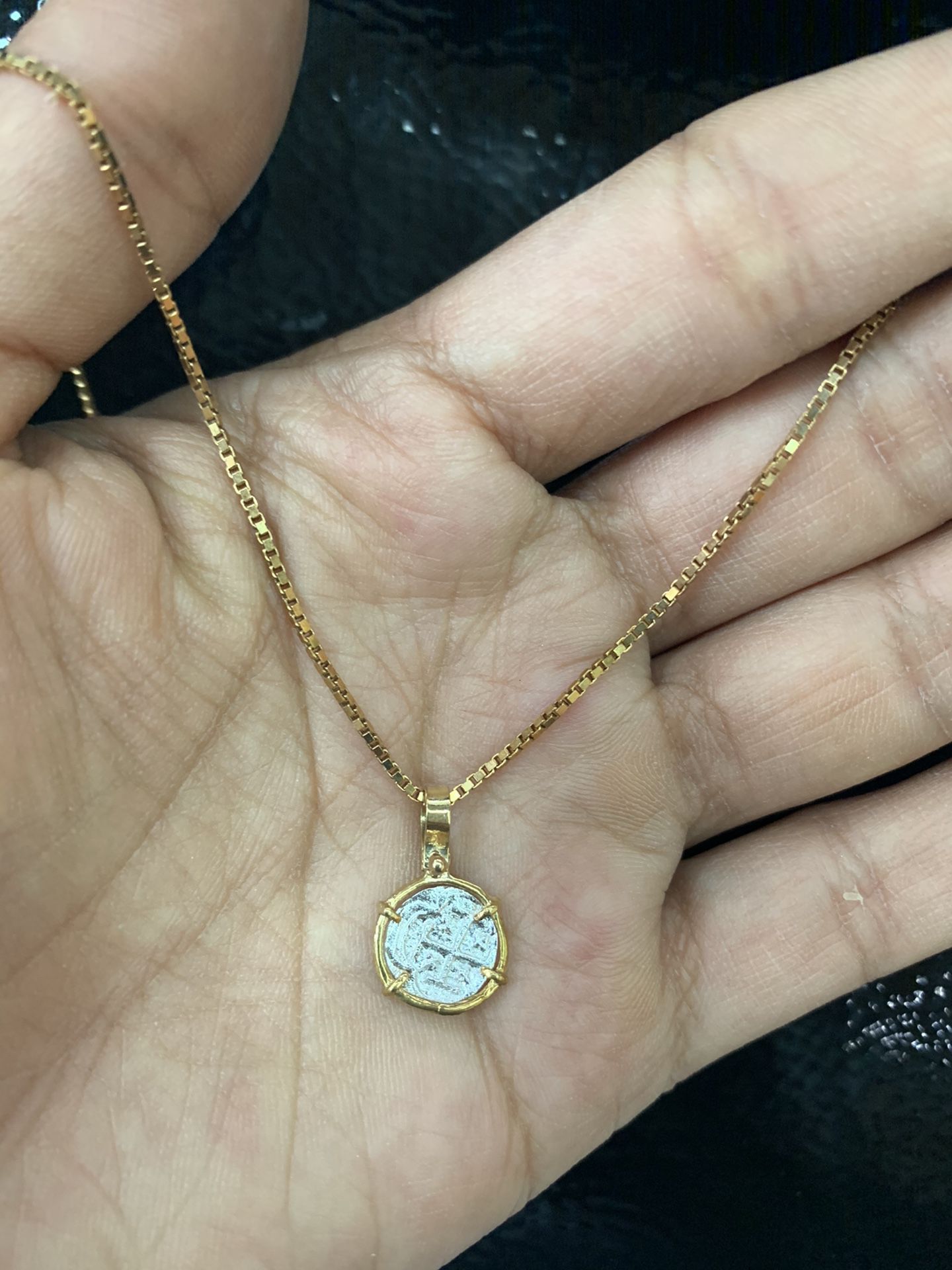 Atocha silver coin pendant in gold bezel with 14k gold chain