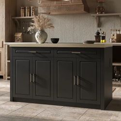 Black Finish Wood Top 61 in. Kitchen Island with Adjustable Shelves, Storage Drawers, Built-in Power Outlets