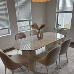 Modern Marble-Style Dining Table + 6 Velvet Chairs – Like New