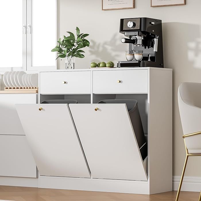 Double Tilt Out Trash Can Cabinet with 2 Drawers, Trash Storage Cabinet, Hidden Garbage Bin, Free Standing Laundry Sorter Organizer for Kitchen 