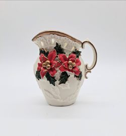 White Christmas Holiday Poinsettia Embossed Ceramic Figurine Vase with Handle