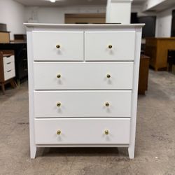 White 5 Drawer Dresser Chest with Gold Hardware