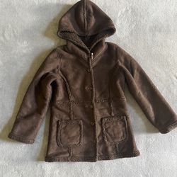L.L Bean Faux Suede Fur Coat Toggle Hooded Sherpa Shearling Girls Sz 10/12 Brown