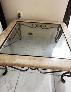 38” Square Travertine & Glass Coffee Table with Iron Base