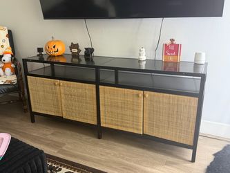 Black Metal TV Stand with Rattan Cabinet Doors