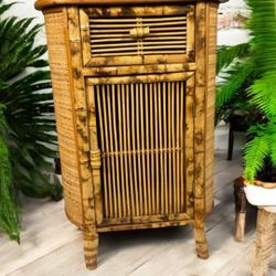 Vintage Rattan Side Table Cabinet