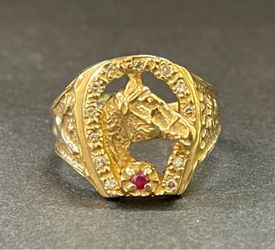 Men’s 14K Diamond Red Stone Horseshoe Ring, Size 9