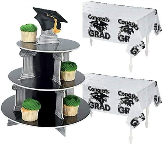 1 Graduation Cupcake Holder And 2 Table Covers NEW  In Original Packaging.

10 sets available 