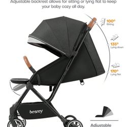 Besrey Lightweight Baby Stroller, 2 Step Easy Folding, Compact Travel Stroller For Airplane, Carbon Gray