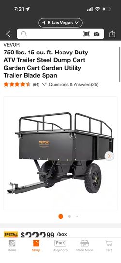 VEVOR 750 Ibs. 15 cu. ft. Heavy Duty ATV Trailer Steel Dump Cart Garden Cart Garden Utility Trailer