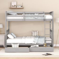 Merax Wood Bunk Bed with Drawers,Convertible Wood Bunk Bed with Ladders and Two Storage Drawers,Solid Wood Detachable Bunk Bed Frame with Ladders,Twin