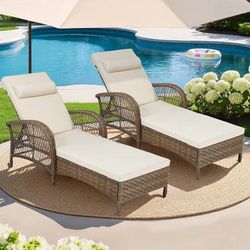 2-Piece Outdoor Wicker Lounge Chairs with Cushion, Rattan Patio Chaise Loungers with 6-Level Backrest, All Weather Lay Flat Pool Sunbathing Recliner C
