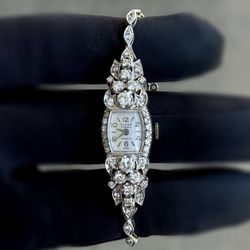 Swiss Art Deco Vintage Eloga 17 Jewels & 14k white gold 1.55CTW Natural Diamond Ladies Cocktail Watch