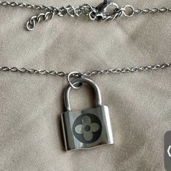 Flower Engraved Silver Padlock Necklace, Pendant On Chain , New 