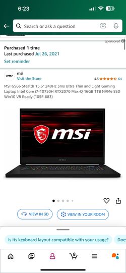 MSI GS66 Laptop 240Hz  i7-10750 RTX2070