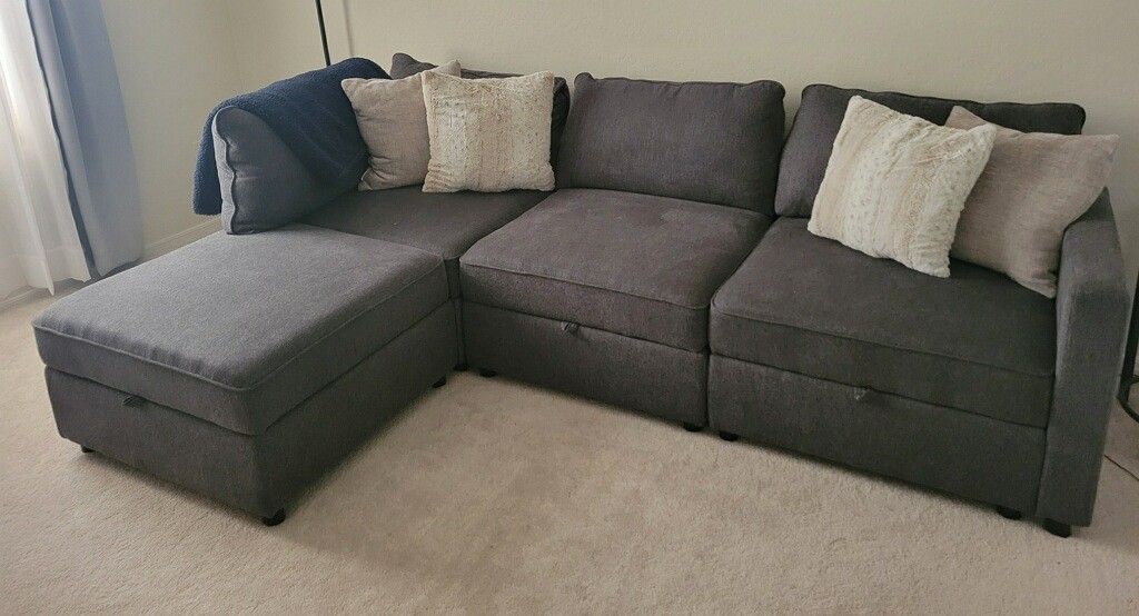 New Blue/Grey Low Back Sectional Couch w/ Storage