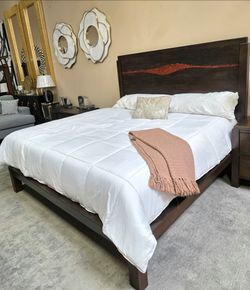 New Unique Relaxed Modern Solid Wood  Queen Bed accented with striking epoxy fills that mimic rivers flowing through rugged terrain!