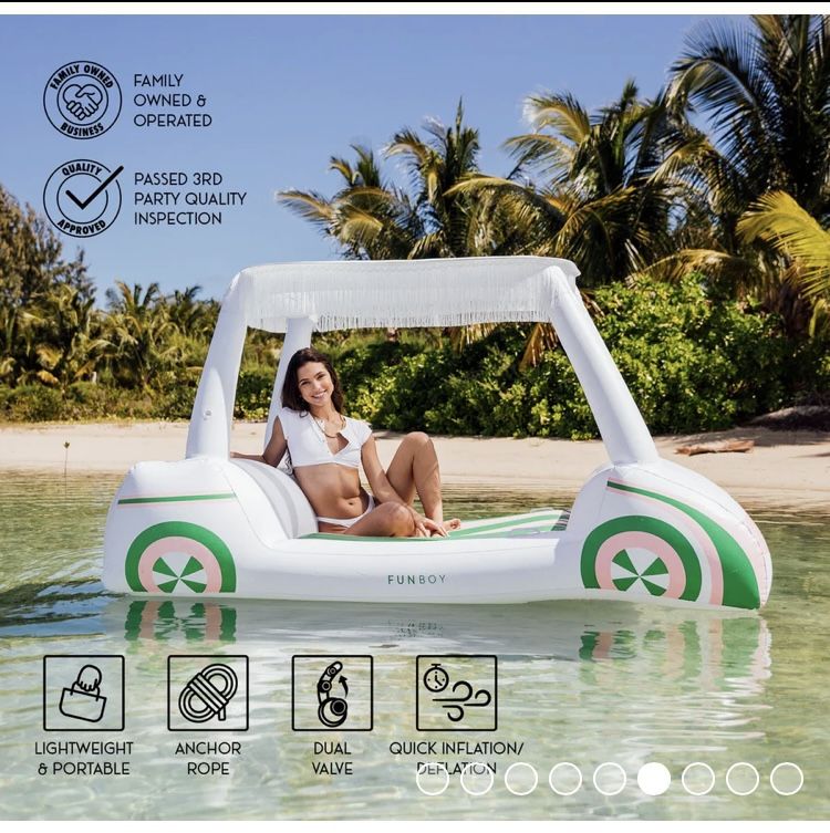 FUNBOY Giant Inflatable Luxury Golf Cart Pool Float, Two Cup Holders, Removable Fringe Shade, Float for Summer Pool Party and Entertainment
