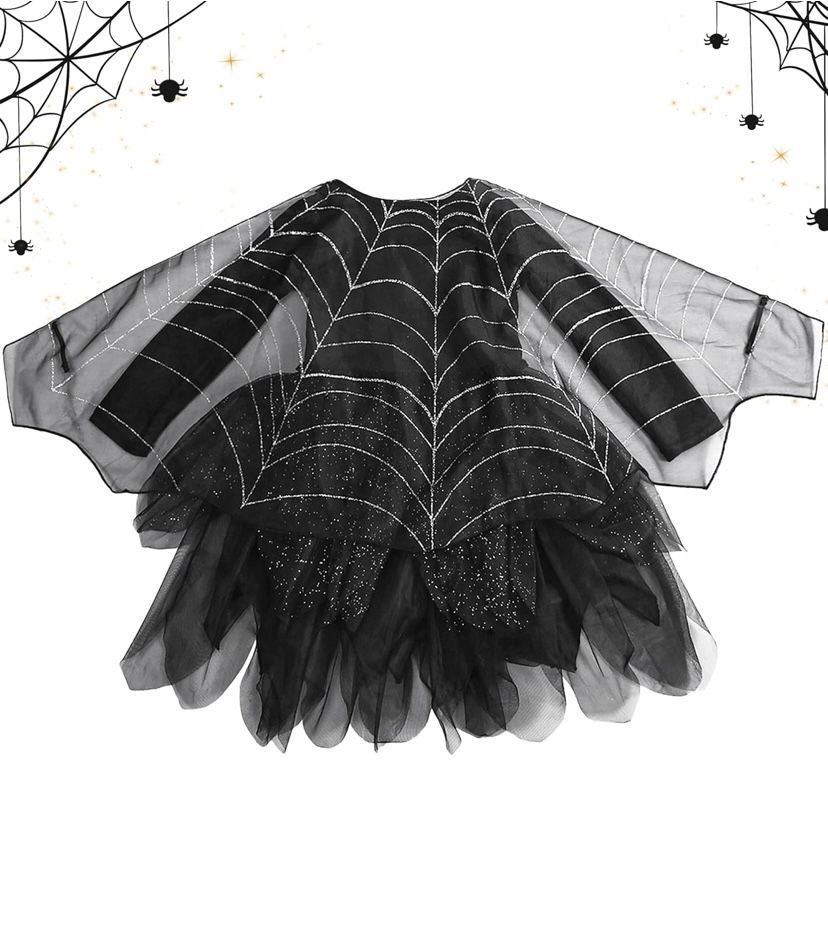 GIRLS 7Y/8Y BLACK SPIDER WITCH REMOVABLE CAPE HOLOGRAPHIC SPIDERS COSTUME