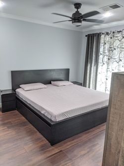 Ikea King bed frame with slates under drawers s side stools